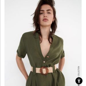 NWT Zara Long Belted Jumpsuit in dark khaki green